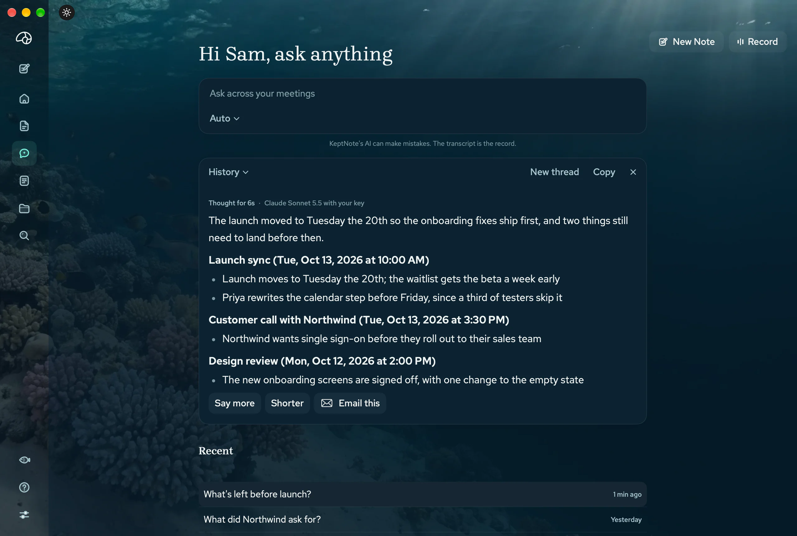 KeptNote's Ask page in the Deep: the question What's left before launch, answered across three meetings, each fact under the meeting it came from.