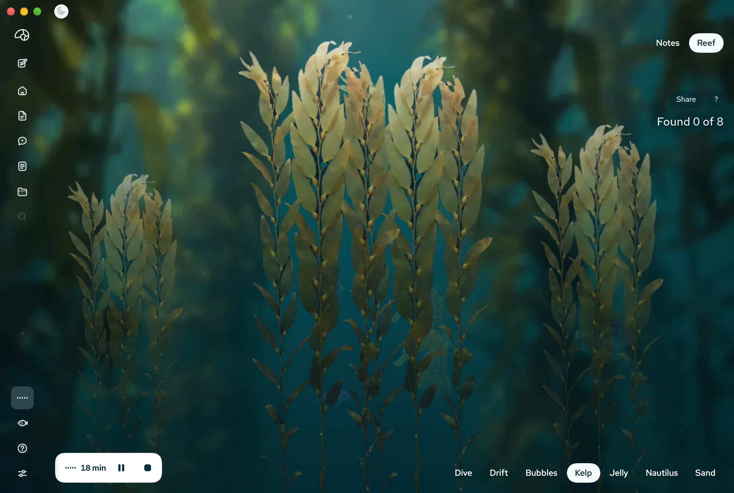 The Reef during a meeting: a kelp forest in blue and green water, with the switch at the top right set to Reef. A Share button and the words Found 0 of 8 sit under it. A recording bar at the bottom left shows 18:25 with pause and stop buttons. A row at the bottom right lists Dive, Drift, Bubbles, Kelp, Jelly, Nautilus and Sand, with Kelp selected.