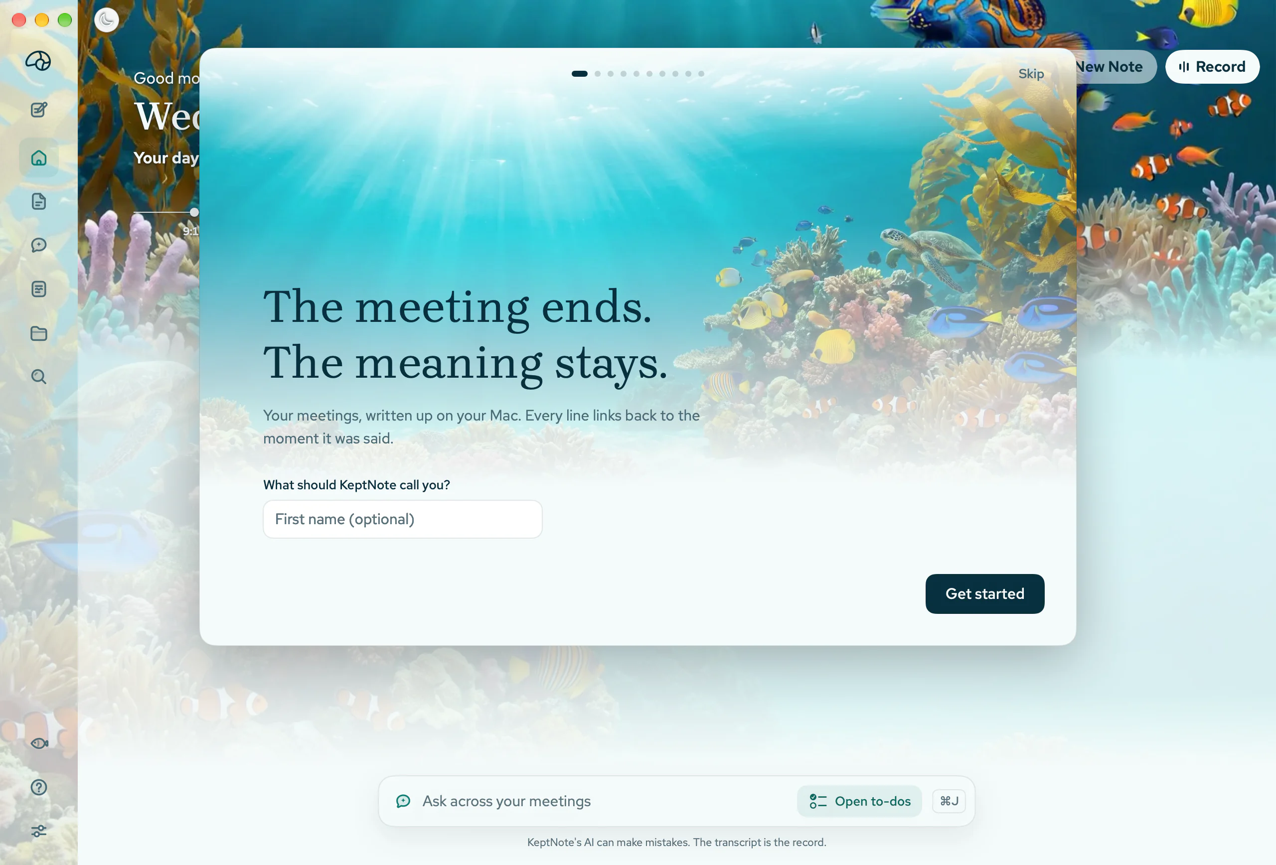 KeptNote's welcome screen over the reef. On the left, the Shallows, the app's daylight look; on the right, the Deep, its night look.