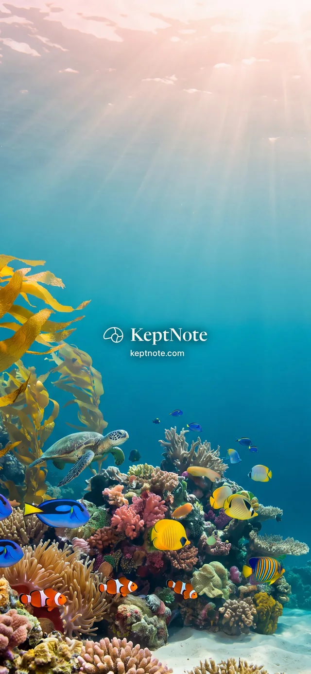 A tall view of a sunlit reef, kelp on the left and a turtle swimming above the coral, with the KeptNote name on the open water in the middle.