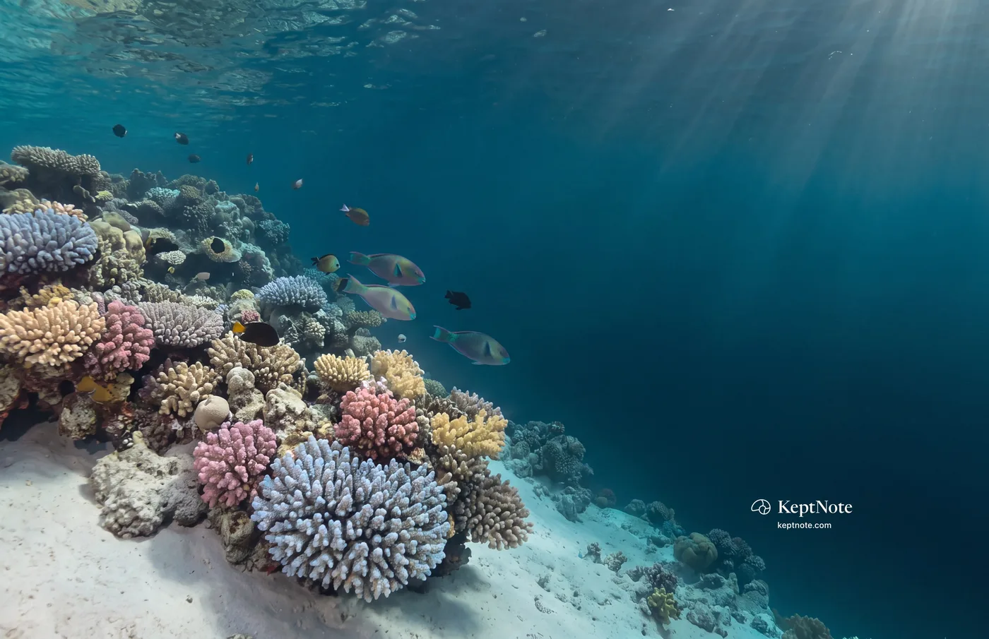 A coral slope falling away into dark blue water with parrotfish, and the KeptNote name on the open water to the right.
