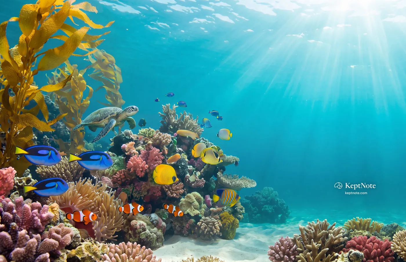 A sunlit coral reef in clear green water with a turtle, blue tang and clownfish, and the KeptNote name on the open water to the right.